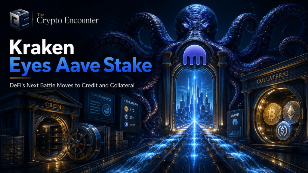 VFX-style crypto finance image showing Kraken opening digital pathways between DeFi credit, collateral vaults, Bitcoin, Ethereum, and Aave infrastructure for an article about Kraken’s reported Aave stake talks.