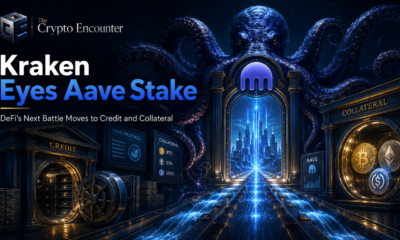 VFX-style crypto finance image showing Kraken opening digital pathways between DeFi credit, collateral vaults, Bitcoin, Ethereum, and Aave infrastructure for an article about Kraken’s reported Aave stake talks.
