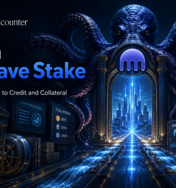 VFX-style crypto finance image showing Kraken opening digital pathways between DeFi credit, collateral vaults, Bitcoin, Ethereum, and Aave infrastructure for an article about Kraken’s reported Aave stake talks.