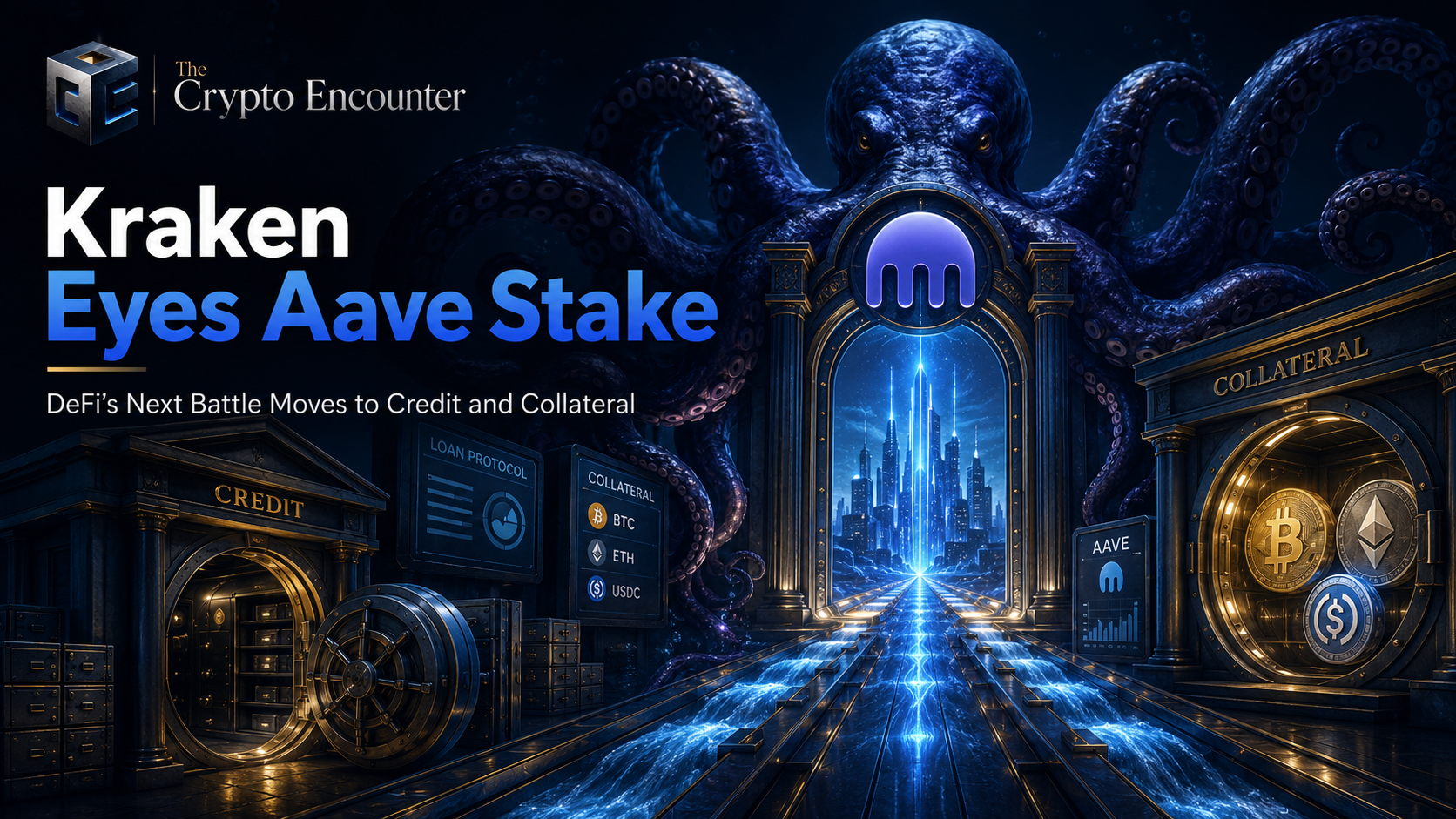 VFX-style crypto finance image showing Kraken opening digital pathways between DeFi credit, collateral vaults, Bitcoin, Ethereum, and Aave infrastructure for an article about Kraken’s reported Aave stake talks.
