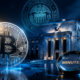 Cinematic image showing a metallic Bitcoin beside a Federal Reserve-style building and a magnifying glass labeled “Minutes,” with The Crypto Encounter logo in the corner.