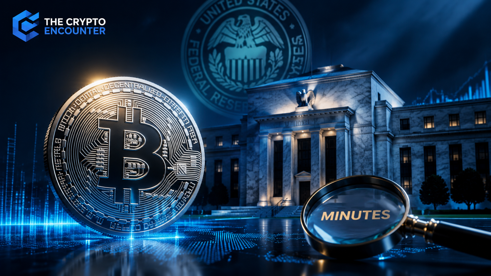 Cinematic image showing a metallic Bitcoin beside a Federal Reserve-style building and a magnifying glass labeled “Minutes,” with The Crypto Encounter logo in the corner.