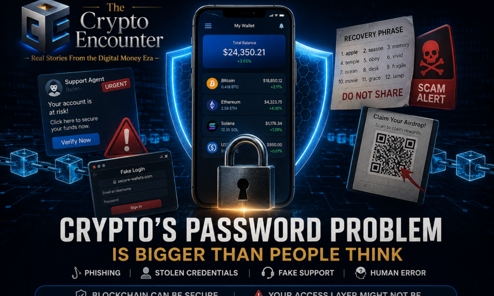 Crypto wallet protected by a digital shield and padlock while phishing links, fake support messages, recovery phrase theft, and scam threats target the user.