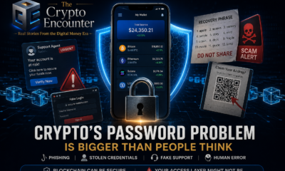 Crypto wallet protected by a digital shield and padlock while phishing links, fake support messages, recovery phrase theft, and scam threats target the user.