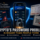 Crypto wallet protected by a digital shield and padlock while phishing links, fake support messages, recovery phrase theft, and scam threats target the user.