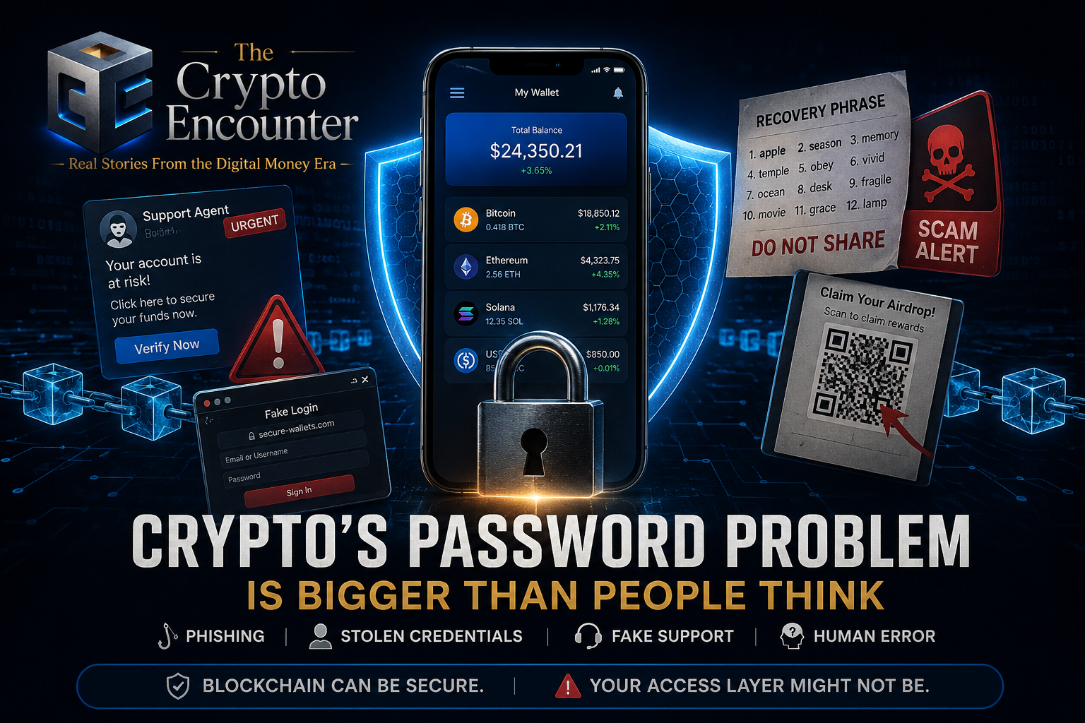 Crypto wallet protected by a digital shield and padlock while phishing links, fake support messages, recovery phrase theft, and scam threats target the user.