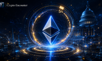 The Crypto Encounter VFX illustration featuring a glowing Ethereum symbol, a 5% progress indicator, blockchain data effects, and the U.S. Capitol representing Bitmine’s ETH accumulation and CLARITY Act optimism.