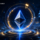 The Crypto Encounter VFX illustration featuring a glowing Ethereum symbol, a 5% progress indicator, blockchain data effects, and the U.S. Capitol representing Bitmine’s ETH accumulation and CLARITY Act optimism.
