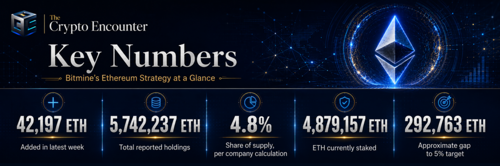 Bitmine Ethereum strategy infographic showing holdings, staking, supply share, and gap to 5% target