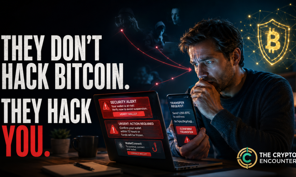 A worried cryptocurrency user facing fraudulent messages and a fake wallet alert, illustrating how criminals target people instead of hacking the Bitcoin network.