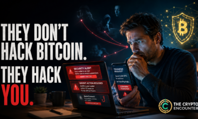 A worried cryptocurrency user facing fraudulent messages and a fake wallet alert, illustrating how criminals target people instead of hacking the Bitcoin network.