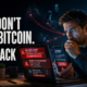 A worried cryptocurrency user facing fraudulent messages and a fake wallet alert, illustrating how criminals target people instead of hacking the Bitcoin network.
