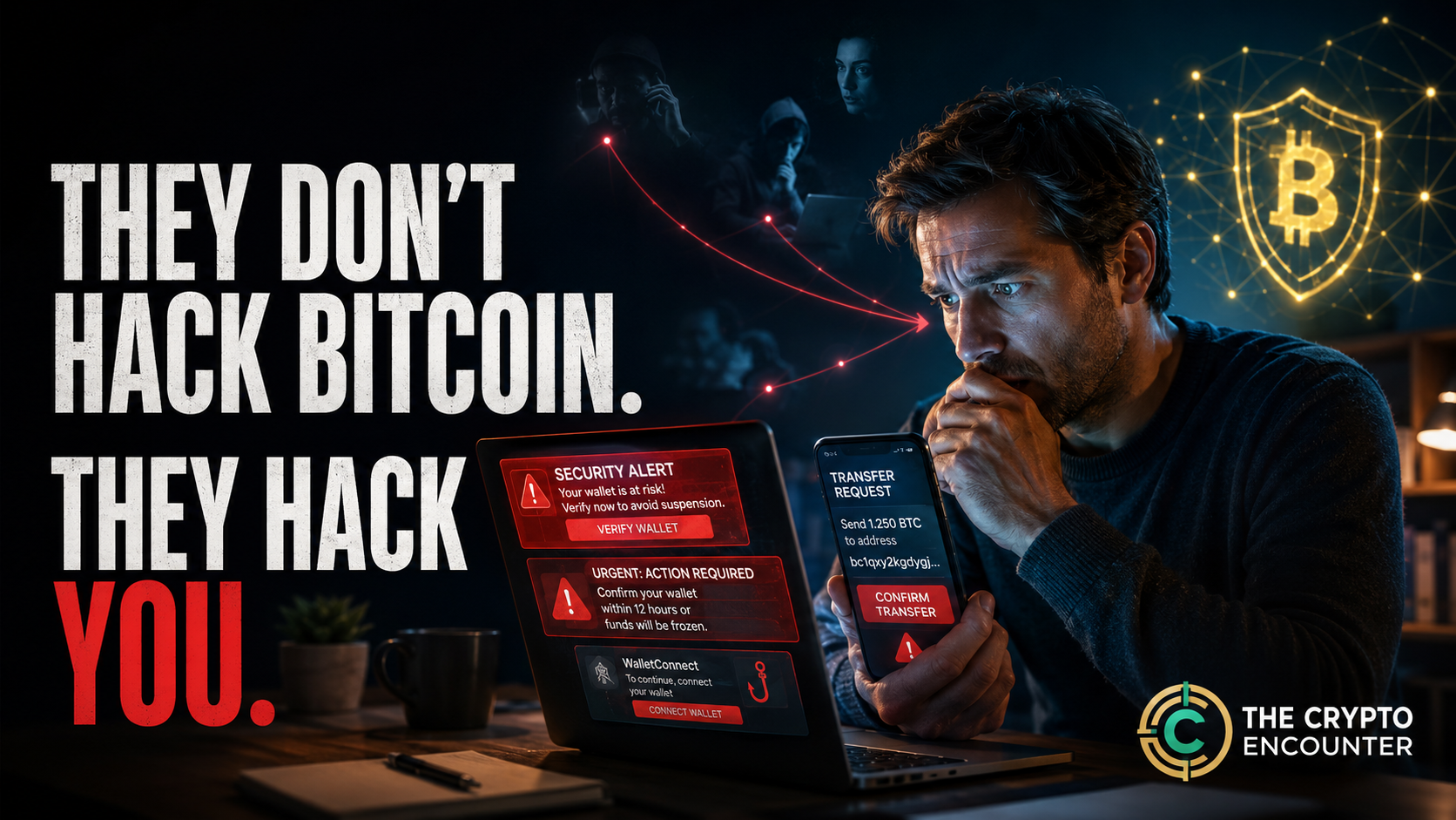 A worried cryptocurrency user facing fraudulent messages and a fake wallet alert, illustrating how criminals target people instead of hacking the Bitcoin network.