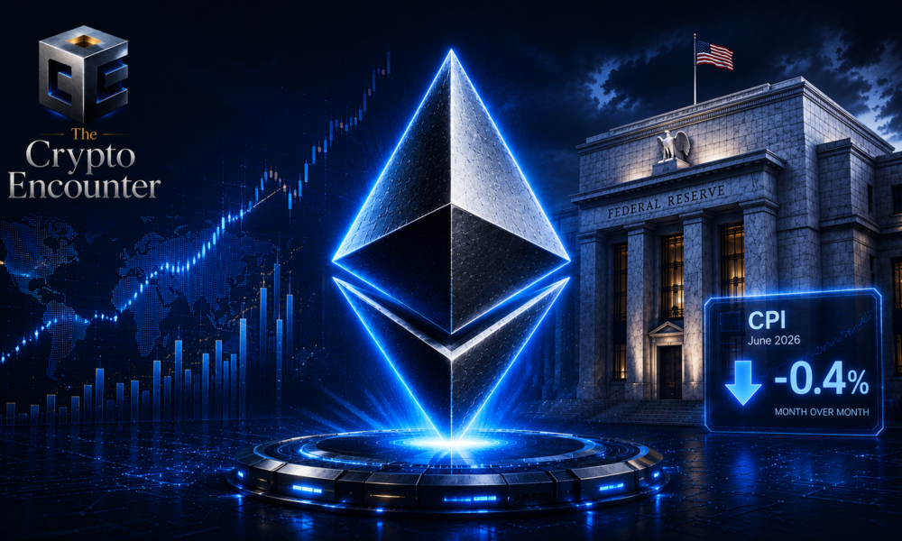 Editorial featured image showing the Ethereum logo against a premium dark navy financial background with subtle market data visuals, representing Ethereum's rally after softer U.S. inflation reduced interest rate concerns.