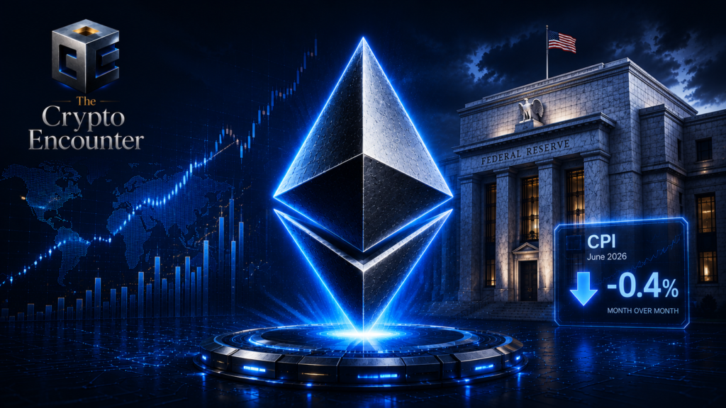 Editorial featured image showing the Ethereum logo against a premium dark navy financial background with subtle market data visuals, representing Ethereum's rally after softer U.S. inflation reduced interest rate concerns.