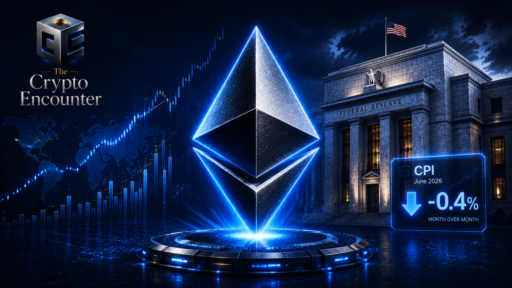Editorial featured image showing the Ethereum logo against a premium dark navy financial background with subtle market data visuals, representing Ethereum's rally after softer U.S. inflation reduced interest rate concerns.