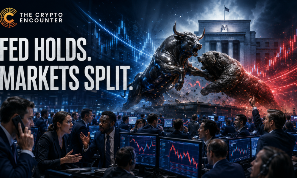 Brokers and market participants react on a busy trading floor as a bull and bear clash in the background following the Federal Reserve’s divided 9-3 decision to hold interest rates steady.