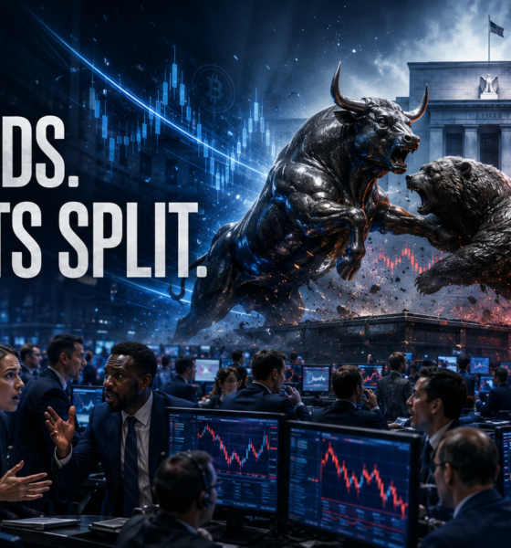 Brokers and market participants react on a busy trading floor as a bull and bear clash in the background following the Federal Reserve’s divided 9-3 decision to hold interest rates steady.