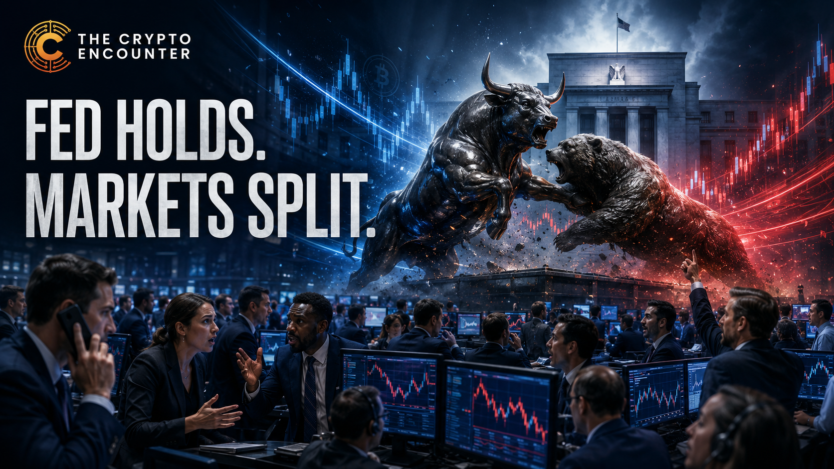 Brokers and market participants react on a busy trading floor as a bull and bear clash in the background following the Federal Reserve’s divided 9-3 decision to hold interest rates steady.