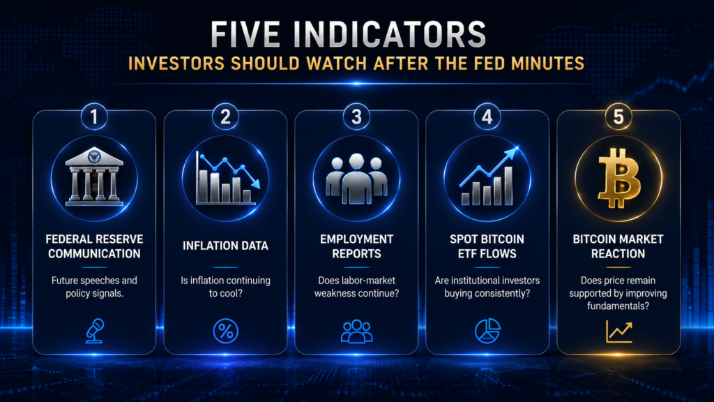 Infographic showing five indicators Bitcoin investors should monitor after the Federal Reserve's meeting minutes.