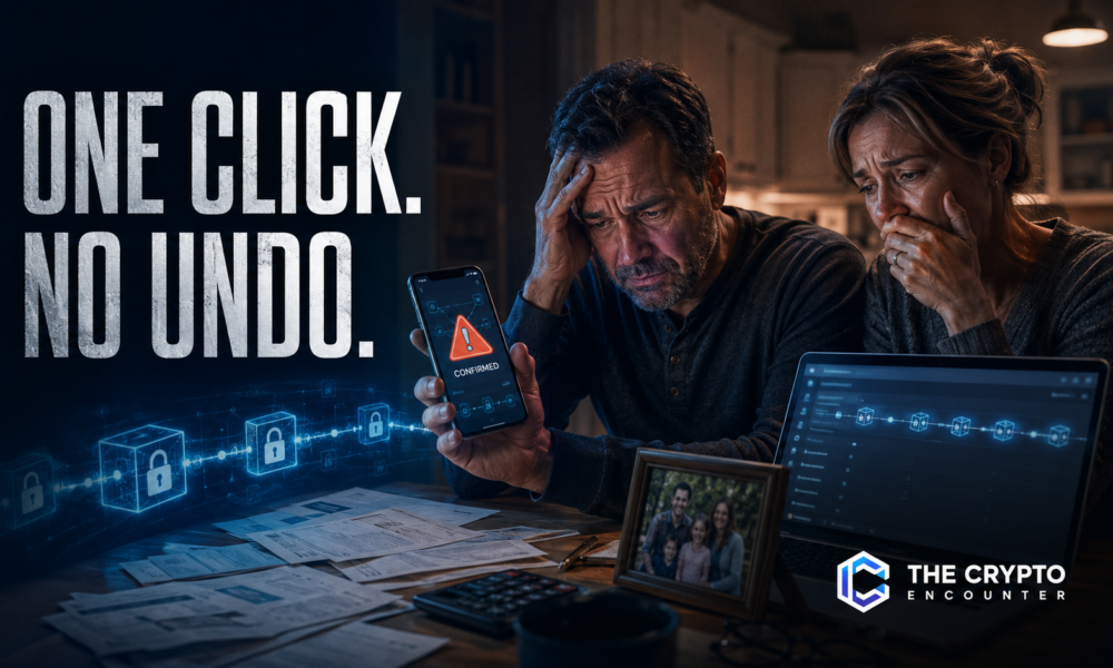 A distressed couple realizes their cryptocurrency savings have been lost after a confirmed transaction, with the warning “One Click. No Undo.” and The Crypto Encounter logo.
