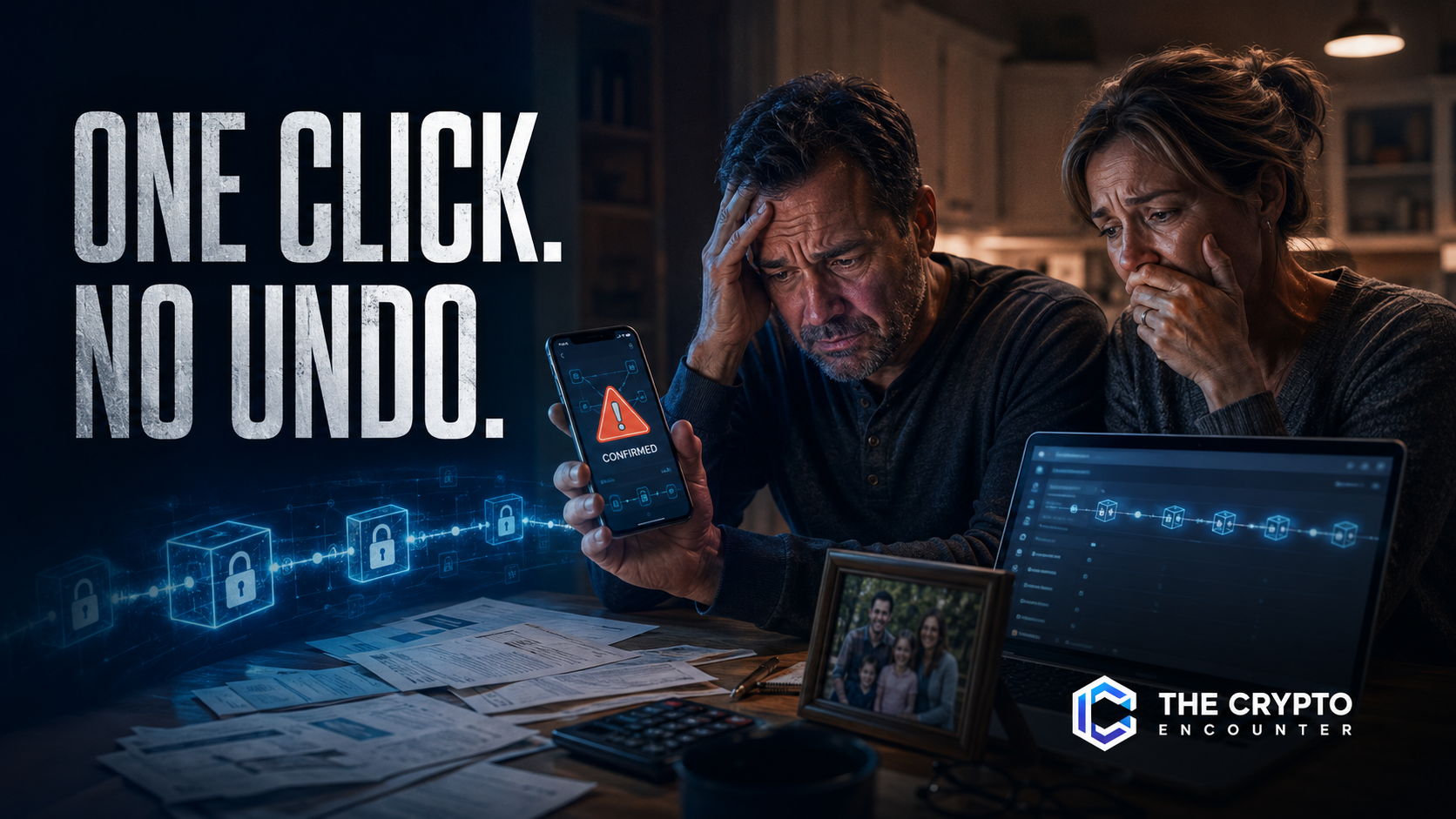 A distressed couple realizes their cryptocurrency savings have been lost after a confirmed transaction, with the warning “One Click. No Undo.” and The Crypto Encounter logo.