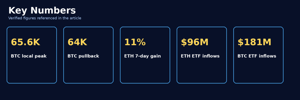 Premium infographic strip displaying five verified crypto market statistics including Bitcoin price levels, Ethereum gains, and ETF inflows.