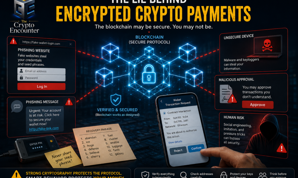 Secure blockchain transaction surrounded by phishing, wallet and device risks illustrating the limits of encrypted crypto payments.
