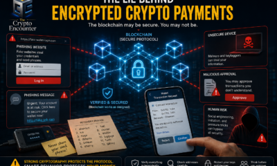 Secure blockchain transaction surrounded by phishing, wallet and device risks illustrating the limits of encrypted crypto payments.