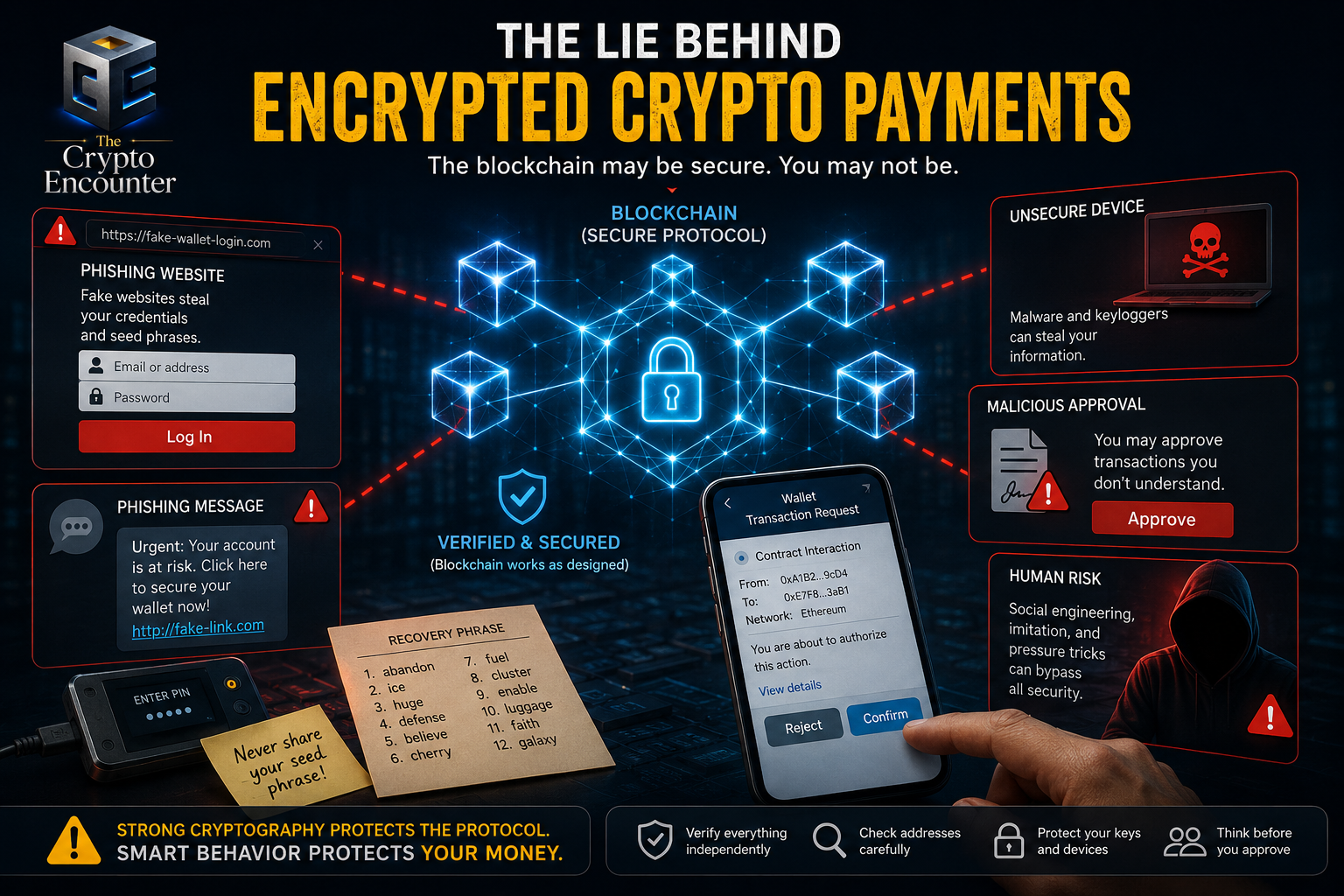 Secure blockchain transaction surrounded by phishing, wallet and device risks illustrating the limits of encrypted crypto payments.
