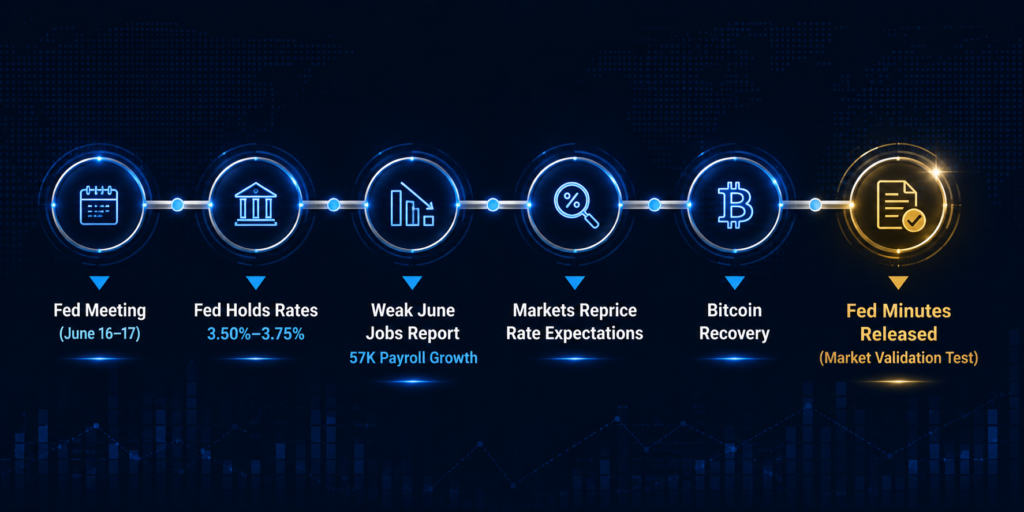 Timeline showing the June Federal Reserve meeting, weak U.S. jobs report, changing rate expectations, Bitcoin recovery, and upcoming Fed minutes.
