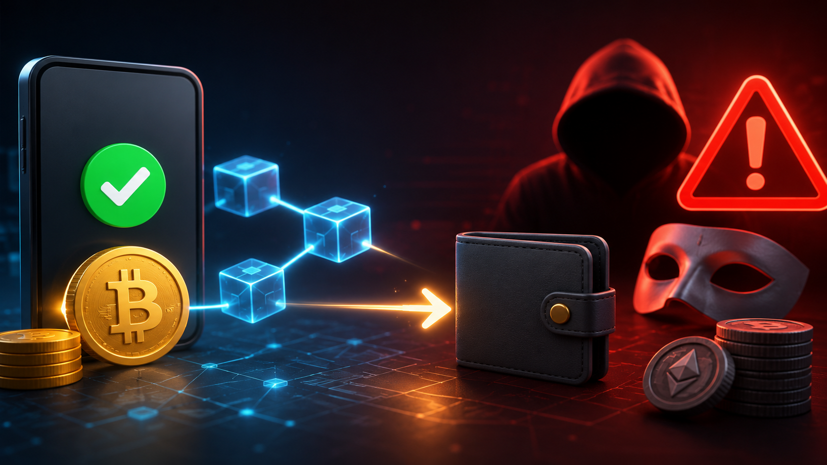 Crypto transaction shown as valid but leading to a fraudulent wallet and scam warning