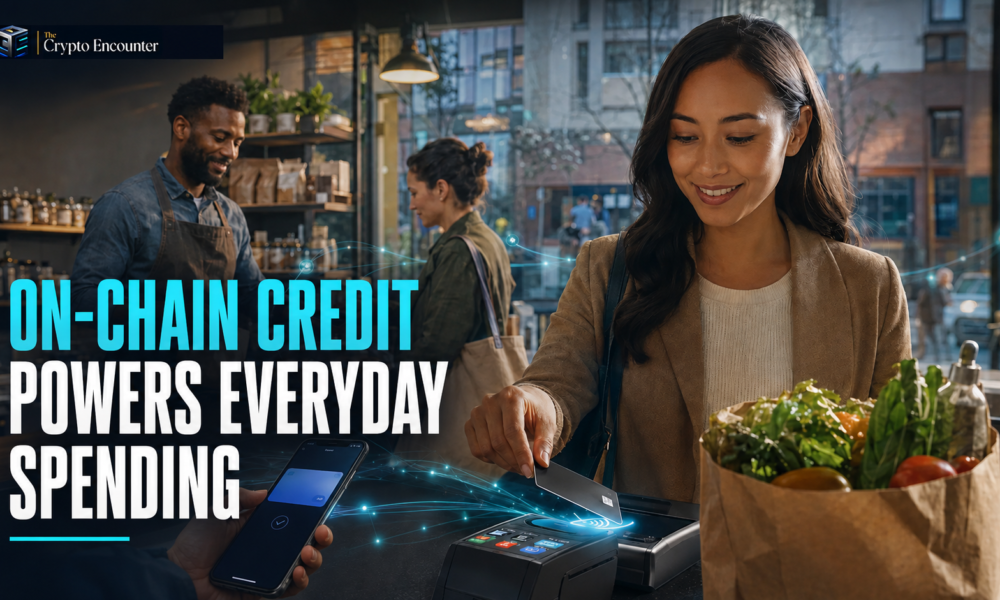 A customer uses a crypto-linked payment card at a retail checkout as on-chain credit supports everyday spending and scalable card settlement.