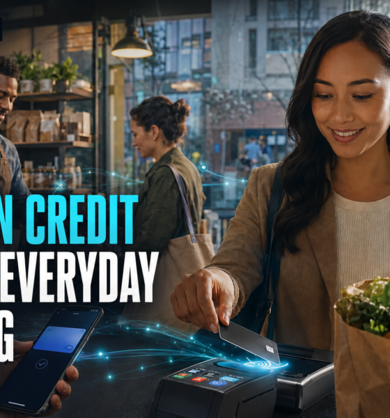 A customer uses a crypto-linked payment card at a retail checkout as on-chain credit supports everyday spending and scalable card settlement.