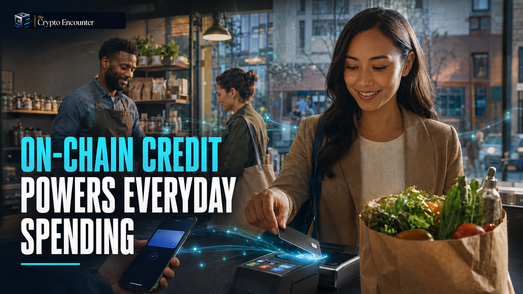 A customer uses a crypto-linked payment card at a retail checkout as on-chain credit supports everyday spending and scalable card settlement.