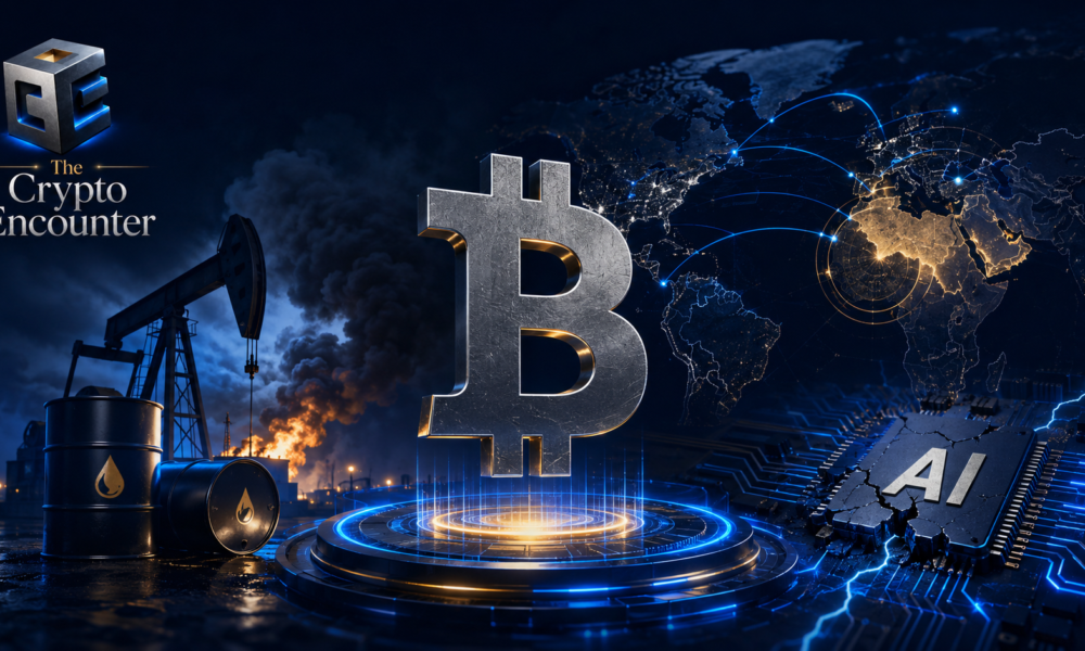 Bitcoin symbol between oil infrastructure and a damaged AI chip as geopolitical tensions and technology losses pressure risk markets.