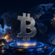 Bitcoin symbol between oil infrastructure and a damaged AI chip as geopolitical tensions and technology losses pressure risk markets.