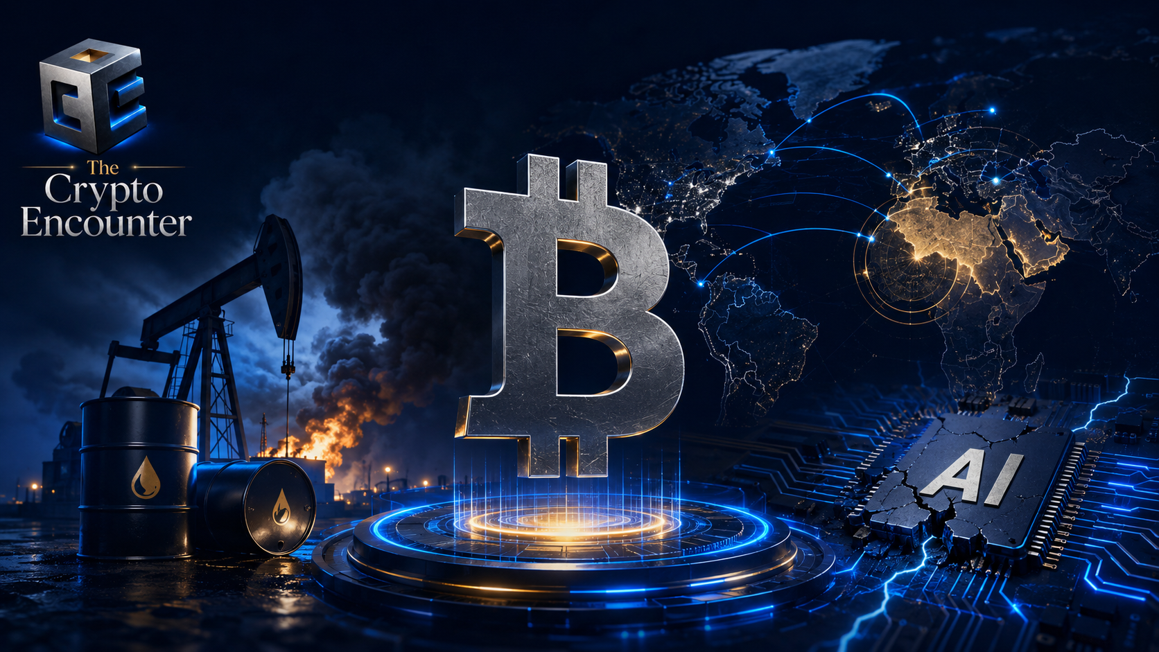 Bitcoin symbol between oil infrastructure and a damaged AI chip as geopolitical tensions and technology losses pressure risk markets.