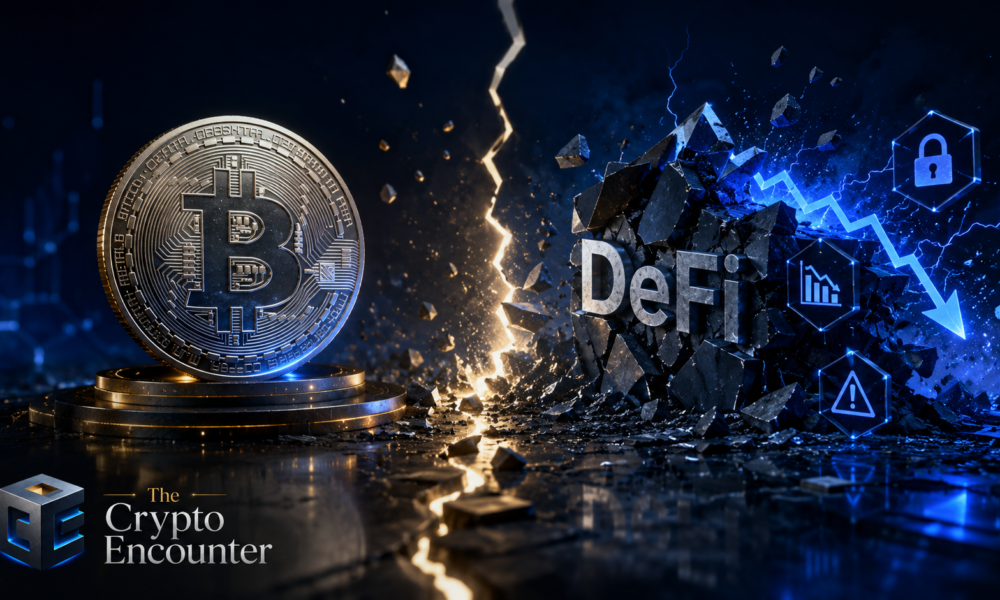 Bitcoin and DeFi market divergence illustration showing a gold Bitcoin beside a fractured DeFi block, representing DeFi's sharper decline and the Summer.fi shutdown.