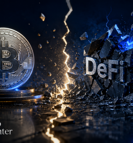 Bitcoin and DeFi market divergence illustration showing a gold Bitcoin beside a fractured DeFi block, representing DeFi's sharper decline and the Summer.fi shutdown.
