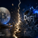 Bitcoin and DeFi market divergence illustration showing a gold Bitcoin beside a fractured DeFi block, representing DeFi's sharper decline and the Summer.fi shutdown.