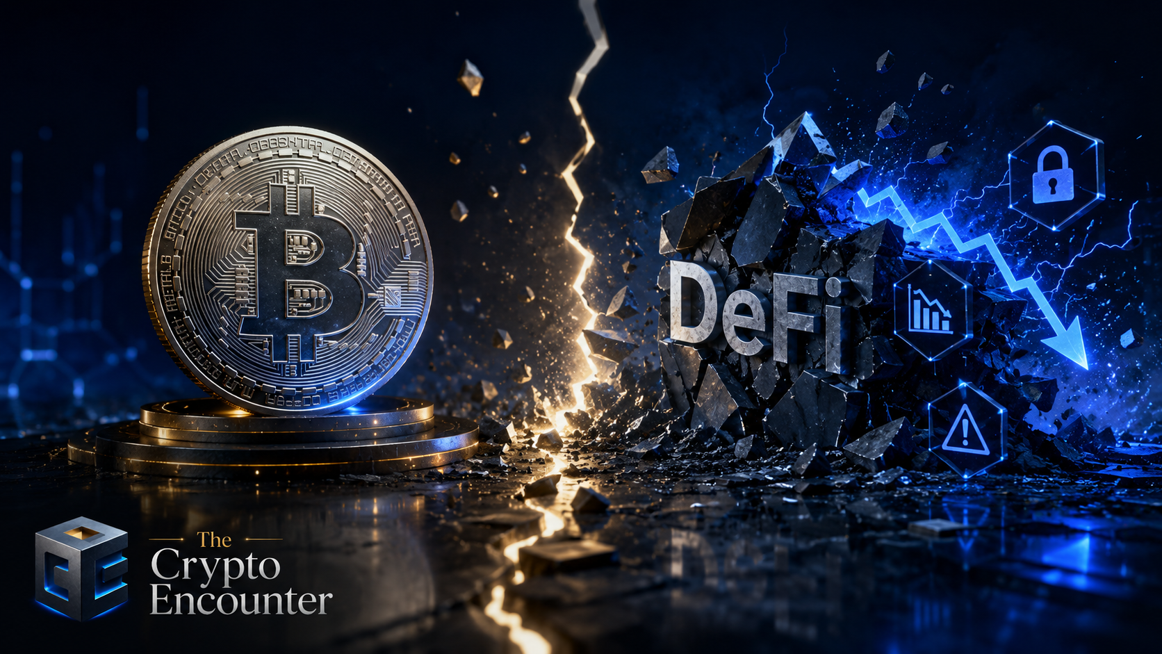 Bitcoin and DeFi market divergence illustration showing a gold Bitcoin beside a fractured DeFi block, representing DeFi's sharper decline and the Summer.fi shutdown.