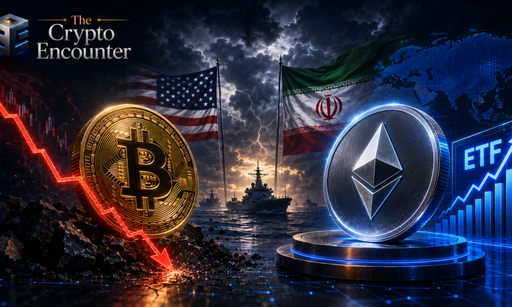 Premium crypto news editorial image showing a declining Bitcoin, a resilient Ethereum, geopolitical tension between the United States and Iran, and institutional ETF symbolism on a dark navy background with The Crypto Encounter branding.