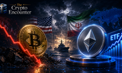 Premium crypto news editorial image showing a declining Bitcoin, a resilient Ethereum, geopolitical tension between the United States and Iran, and institutional ETF symbolism on a dark navy background with The Crypto Encounter branding.