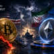 Premium crypto news editorial image showing a declining Bitcoin, a resilient Ethereum, geopolitical tension between the United States and Iran, and institutional ETF symbolism on a dark navy background with The Crypto Encounter branding.