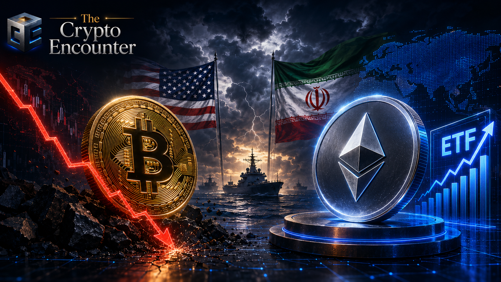 Premium crypto news editorial image showing a declining Bitcoin, a resilient Ethereum, geopolitical tension between the United States and Iran, and institutional ETF symbolism on a dark navy background with The Crypto Encounter branding.