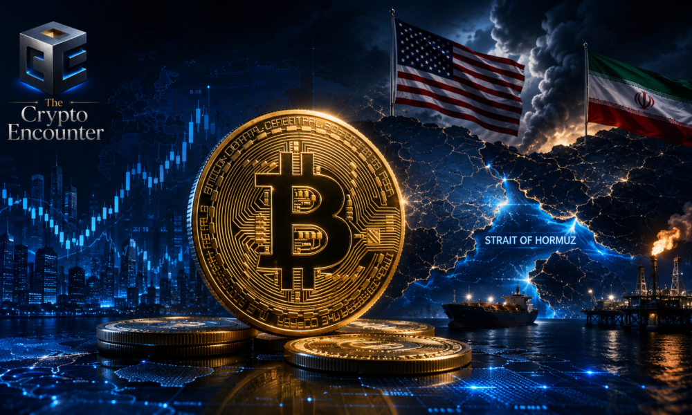 A metallic Bitcoin symbol stands between U.S.-Iran geopolitical imagery, the Strait of Hormuz, oil infrastructure, and global financial-market elements.