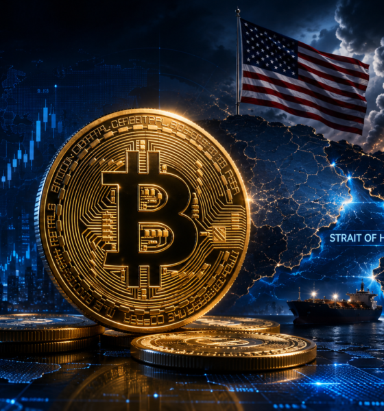 A metallic Bitcoin symbol stands between U.S.-Iran geopolitical imagery, the Strait of Hormuz, oil infrastructure, and global financial-market elements.