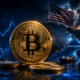 A metallic Bitcoin symbol stands between U.S.-Iran geopolitical imagery, the Strait of Hormuz, oil infrastructure, and global financial-market elements.