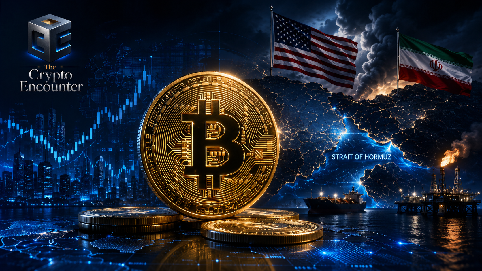 A metallic Bitcoin symbol stands between U.S.-Iran geopolitical imagery, the Strait of Hormuz, oil infrastructure, and global financial-market elements.
